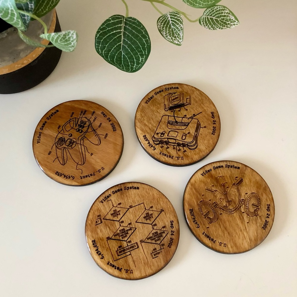 4x Unique Nintendo 64 Patent 3.5” Coasters, Engraved Wood, Handmade